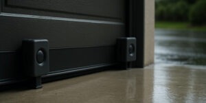 Pair of aligned garage door safety sensors on a wet Seattle driveway