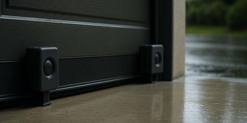 Pair of aligned garage door safety sensors on a wet Seattle driveway