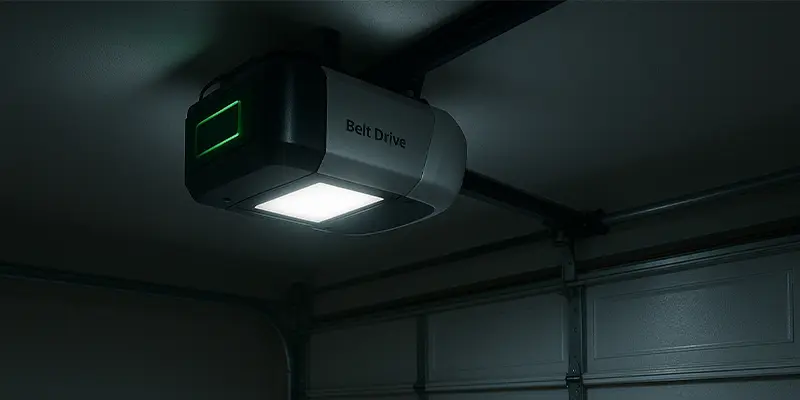 Belt-drive garage door opener showing integrated battery backup during Seattle rainstorm