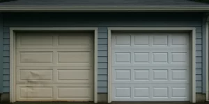 Side-by-side comparison of dented steel garage door panel and new replacement panel in Seattle