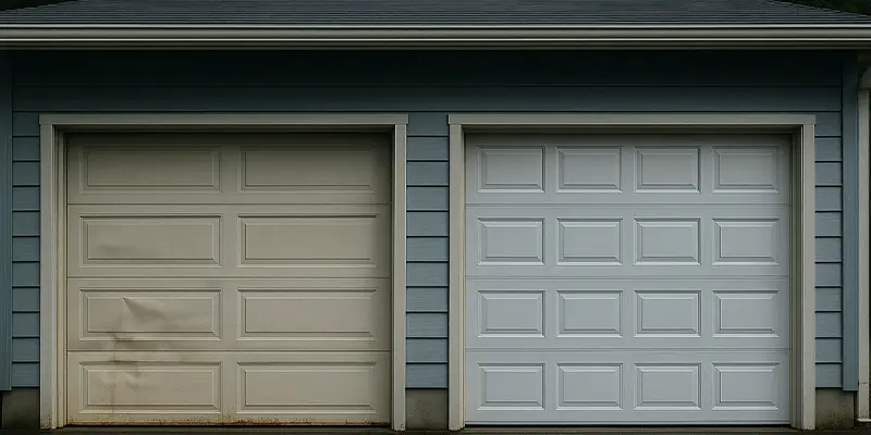 Side-by-side comparison of dented steel garage door panel and new replacement panel in Seattle
