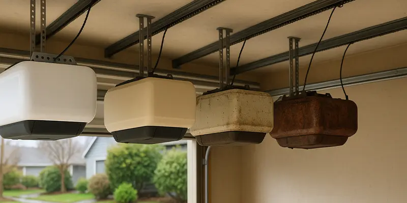 Four garage door openers showing new and aged stages hanging in a Seattle garage