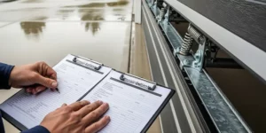 Technician comparing garage door repair estimates beside a modern Seattle garage door