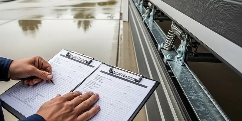 Technician comparing garage door repair estimates beside a modern Seattle garage door