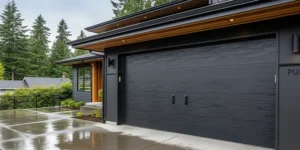 Charcoal satin garage door with cedar accents on a Seattle home