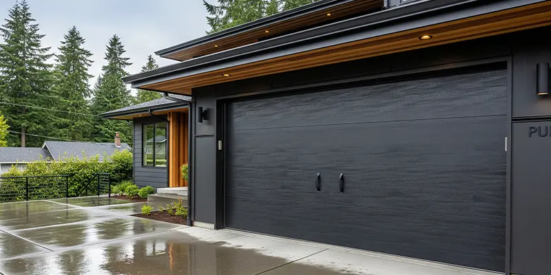 Charcoal satin garage door with cedar accents on a Seattle home