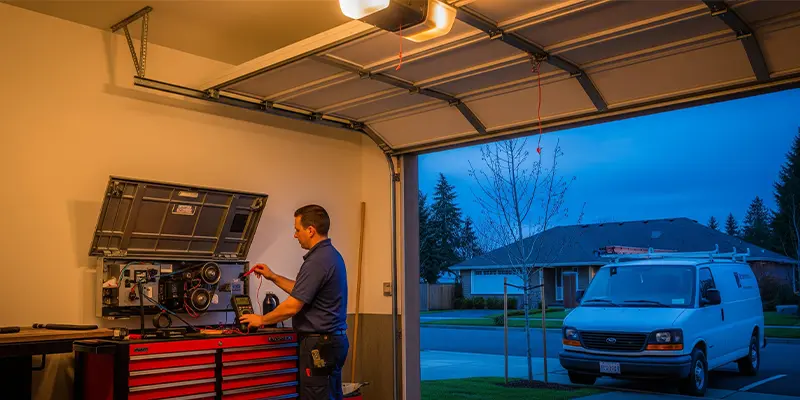 Technician checking a belt drive opener in Bothell at blue hour with warm garage light