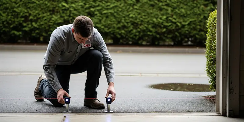 Technician aligning photo eye sensors at a Bothell garage opening in Canyon Park