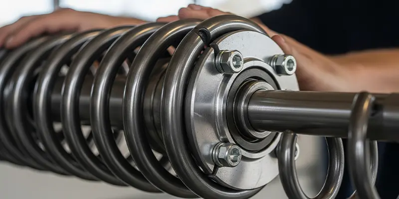 Close-up of a new torsion spring and center bearing plate installed in a Bothell garage