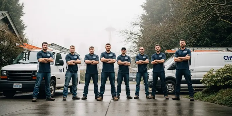 CHS Garage Door Repair team in Seattle WA, 6 to 8 technicians on driveway with vans, Space Needle faintly visible