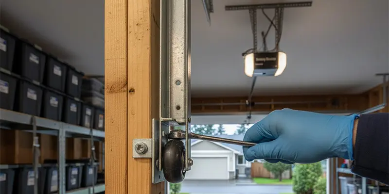 Technician checking garage door track bracket and rollers for earthquake readiness in a Seattle garage