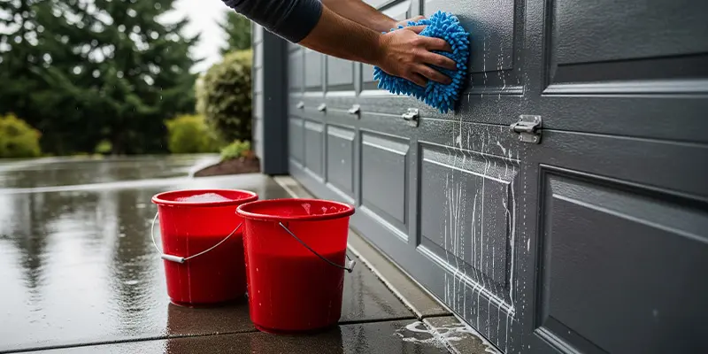 Microfiber wash mitt cleaning a modern garage door on a wet Seattle driveway