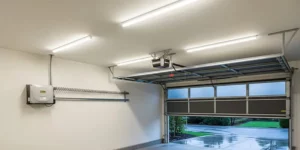 Side-mounted jackshaft opener beside a high-lift torsion system in a Seattle garage