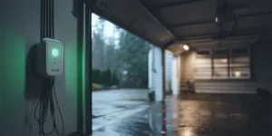 Garage door opener plugged into a UL listed surge protector with neatly routed sensor wiring in a Seattle garage