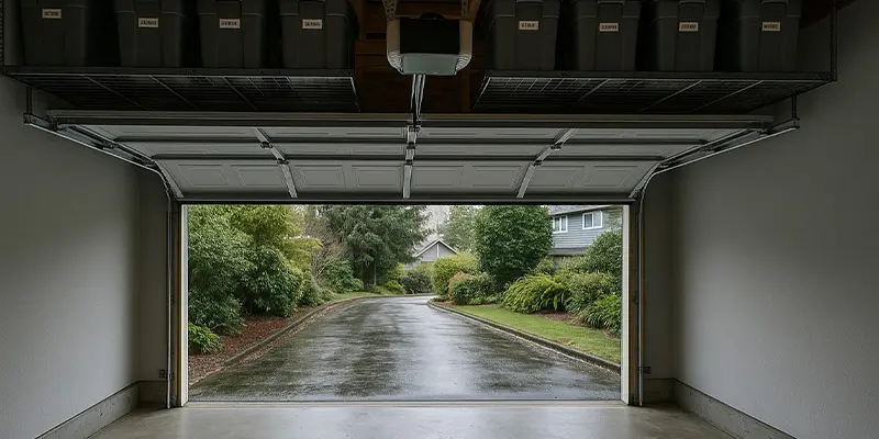 Overhead storage racks installed with safe clearance above an open garage door in Seattle