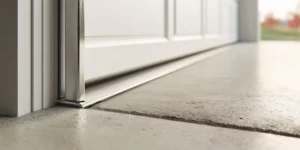 Close view of bottom seal on aluminum threshold and side brush seal preventing rodent entry at a Seattle garage door