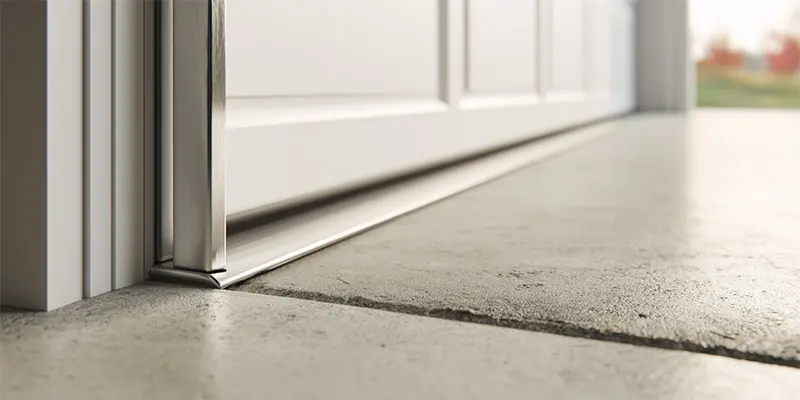 Close view of bottom seal on aluminum threshold and side brush seal preventing rodent entry at a Seattle garage door