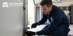 Technician adjusting garage door safety sensor alignment to fix reversing issue