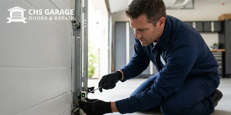 Technician adjusting garage door safety sensor alignment to fix reversing issue