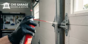 Technician applying silicone spray lubricant to garage door hinge and roller