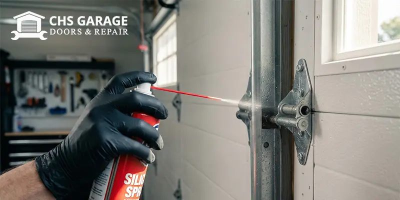 Technician applying silicone spray lubricant to garage door hinge and roller
