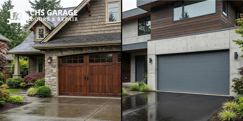 Side-by-side comparison of a custom wood garage door and a modern steel garage door in Seattle