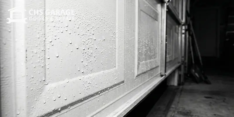 Water condensation droplets on interior of steel garage door panel in Seattle