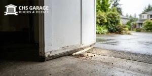 Bottom of a crooked garage door showing a gap above the concrete floor