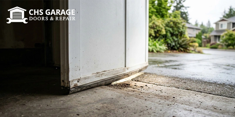 Bottom of a crooked garage door showing a gap above the concrete floor