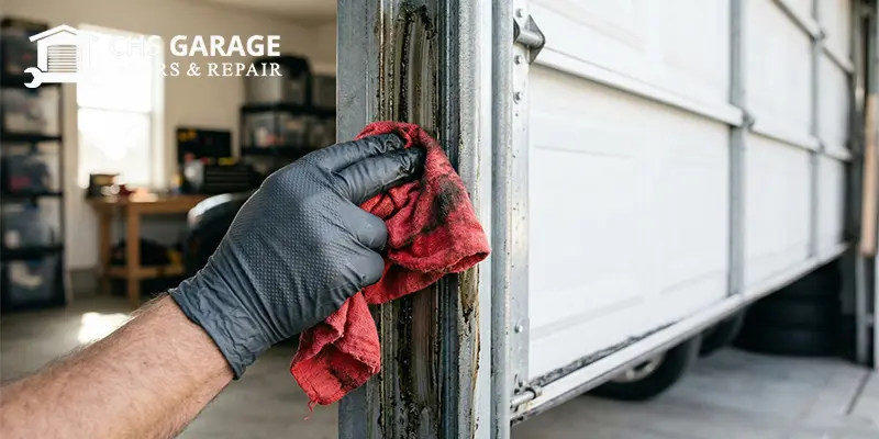 Technician cleaning thick grease from a garage door track to fix slow opening