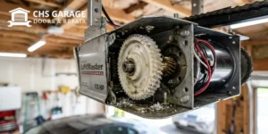 Close-up of stripped nylon gears inside a humming garage door opener motor